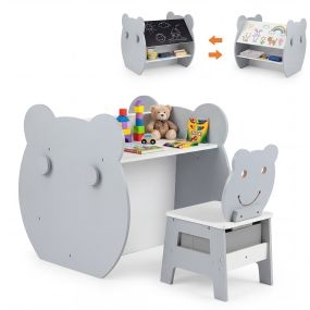 Mesa y silla infantil 3 en 1 con tema de oso, pizarra doble cara, estante, ganchos y cajón, gris