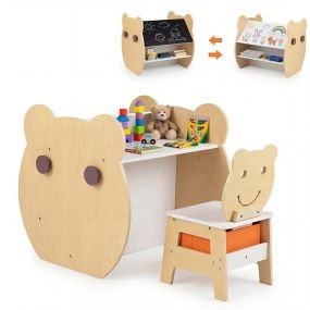 Mesa y silla infantil 3 en 1 con tema de oso, pizarra doble cara, estante, ganchos y cajón, natural