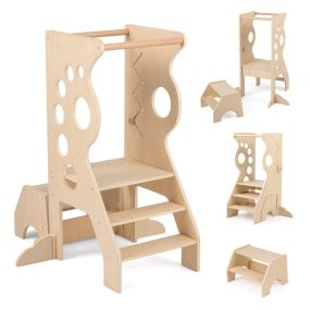 Taburete de Cocina Infantil Torre de Aprendizaje 2 en 1 con Barras de Seguridad y 2 Pasos para Niños +3 Años Natural