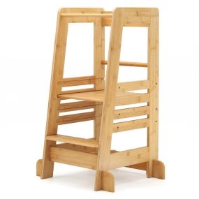 Torre de Aprendizaje de Niños Taburete de Cocina de Bambú para Niños con Altura Ajustable en 4 Niveles Barandillas de Seguridad Natural