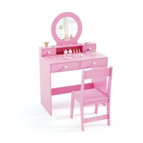 Juego de tocador infantil de princesa con 4 cajones, estante abierto y silla, 70 x 40 x 110 cm, rosa