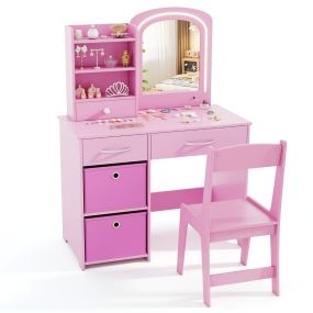Juego de Tocador Infantil con Espejo Iluminado Set de Mesa y Silla de Princesa con Luces Estantes y Cajones Set de Mesa para Niños Rosa