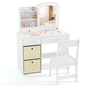 Juego de tocador infantil con espejo iluminado, mesa y silla de princesa, blanco