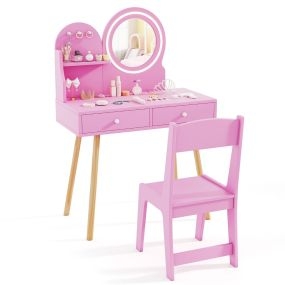 Conjunto de Tocador para Niños con Espejo Iluminado Juego de Mesa y Silla de Princesa con Espejo y Luces Estante Ganchos y Cajones Rosa