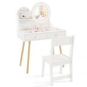 Conjunto de tocador para niños con espejo iluminado, mesa, silla, estante, ganchos y cajones blanco