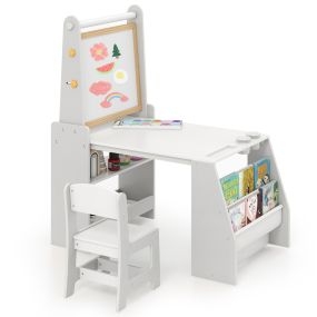 Juego de Mesa y Silla de Arte para Niños con 2 Pizarras Rollo de Papel Vasos de Pintura Caballete y Silla Multifuncional Gris y Blanco