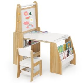 Juego de Mesa y Silla de Arte para Niños con 2 Pizarras Rollo de Papel Vasos de Pintura Caballete y Silla Multifuncional Natural y Blanco