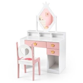 Juego de tocador infantil con espejo corona, silla resistente, blanco y rosa, 80 x 40 x 130 cm
