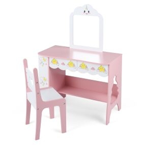 Juego de tocador infantil con taburete, espejo, 2 cajones y estantería 3 niveles rosa blanco