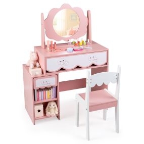 Juego de Tocador Infantil con Espejo en Forma de Pétalo y Silla Amplio Almacenamiento para Niñas de 3 a 7 Años 80 x 40 x 112 cm Rosa