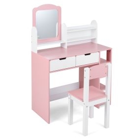 Tocador infantil de madera princesa con espejo y silla, estantes abiertos y cajones, rosa y blanco