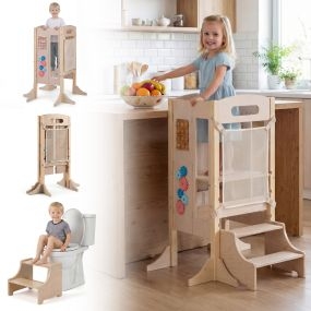 Torre de aprendizaje plegable de madera 3 niveles ajustables con pizarra y taburete natural