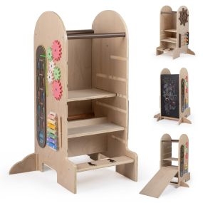 Torre de aprendizaje de madera con 3 niveles ajustables y juegos laterales 72,5 x 59,5 x 90 cm natural