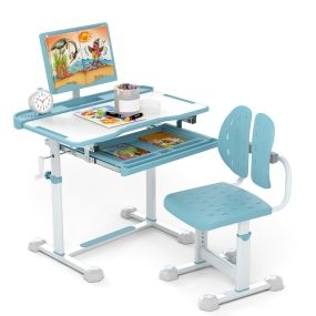 Juego de Escritorio y Silla para Niños con Altura Ajustable Tablero Inclinable Atril Giratorio Portavasos Cajón y Silla Ergonómica Azul