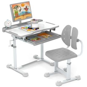 Juego de Escritorio y Silla para Niños con Altura Ajustable Tablero Inclinable Atril Giratorio Portavasos Cajón y Silla Ergonómica Gris