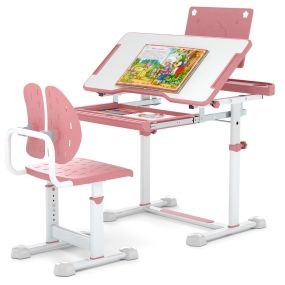 Juego de Escritorio y Silla para Niños con Altura Ajustable Tablero Inclinable Atril Giratorio Portavasos Cajón y Silla Ergonómica Rosa