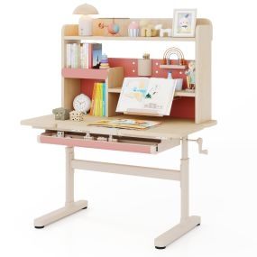 Escritorio Infantil con Estantería y Cajón en Altura con Superficie Inclinable Estantes Atril y Portalápices Escritorio para Ordenador Rosa