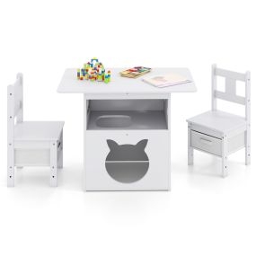 Juego de Mesa y Sillas Infantil 2 en 1 con Casa para Gatos y Ventana Transparente Incluye Cubos de Tela para Niños 3+ Años Blanco