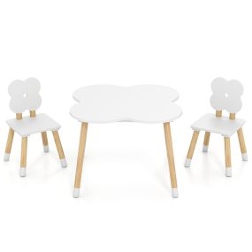 Mesa Flor con Juego y Actividades de Madera y 2 Sillas Infantiles de Pino Macizo para Niños 3+ Años Blanco y Natural