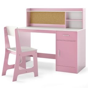 Set de Mesa y Silla Infantil con Estantería Cajón Armario Tablero de Corcho Taburete con Respaldo Inclinado 109,5 x 48 x 100,5 cm Rosa