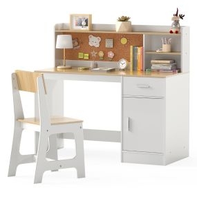 Set de Mesa y Silla Infantil con Estantería Cajón Armario Tablero de Corcho Taburete con Respaldo Inclinado 109,5 x 48 x 100,5 cm Natural
