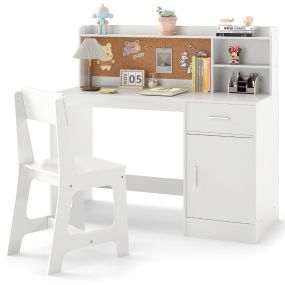 Set de Mesa y Silla Infantil con Estantería Cajón Armario Tablero de Corcho Taburete con Respaldo Inclinado 109,5 x 48 x 100,5 cm Blanco