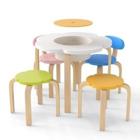 Juego de Mesa Infantil en Forma de Flor con 2 Sillas Coloridas y Almacenamiento Bajo la Mesa de Madera para Actividades de Arte y Manualidades