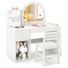 Tocador infantil de maquillaje con espejo iluminado, luces, estantes, mesa, silla, estantería y cajón blanco