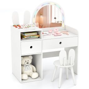 Tocador Infantil Juego con Silla Espejo Acrílico con Luces Cajones Almacenamiento Seguro Certificado para Niñas 80,5 x 39,5 x 95 cm Blanco