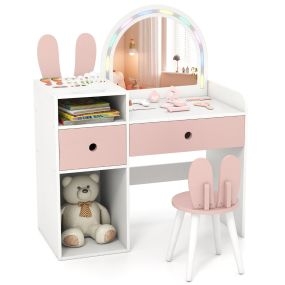 Tocador de Maquillaje Infantil Princesa con Espejo Iluminado Luces Estantes Abiertos y Cajones Set de Mesa y Silla Blanco