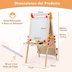 Caballete de Arte Infantil 4-en-1 Madera Doble Cara Magnética con Rollos Papel Bandeja Carrera Canicas Ajustable Plegable 3+ Años