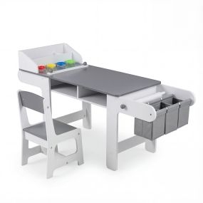 Conjunto mesa de arte infantil con silla, rollo de dibujo, compartimentos y vasos, madera, gris y blanco, 136 x 45,5 x 67 cm