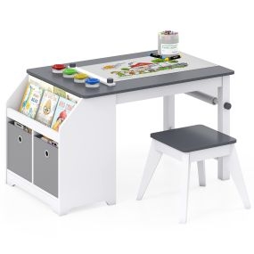 Mesa de arte infantil con taburete, rollo de dibujo y dos cubos de tela, madera de pino, gris y blanco, 91 x 54 x 49,5 cm