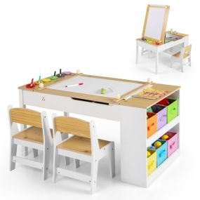 Mesa y Sillas Infantil 2 en 1 con Almacenaje con Tablero Elevable Rollo de Papel 6 Tazas de Pintura y 6 Cajas Blanco + Natural