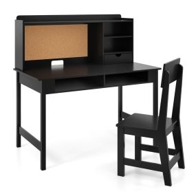Set Escritorio y Silla Infantil de Madera con Tablón de Corcho Almacenamiento Estación de Ordenador para Dormitorio Escuela Negro