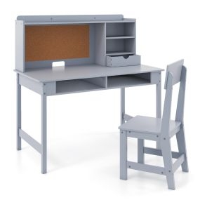 Set Escritorio y Silla Infantil de Madera con Tablón de Corcho Almacenamiento Estación de Ordenador para Dormitorio Escuela Gris