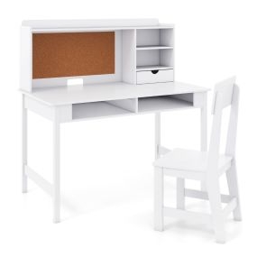 Set Escritorio y Silla Infantil de Madera con Tablón de Corcho Almacenamiento Estación de Ordenador para Dormitorio Escuela Blanco