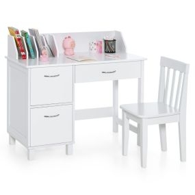Conjunto de Mesa y Silla para Niños con 4 Separadores de Libros Incorporados Cajón y Armarios Cerrados para Niños y Niñas de 3+ Años Blanco