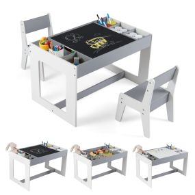 Mesa Multifuncional Infantil con 2 Sillas y Tapa Doble Pizarra Compartimentos Desmontables Gris y Blanco
