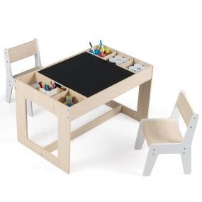 Mesa Multifuncional Infantil con 2 Sillas y Tapa Doble Pizarra Compartimentos Desmontables Natural y Blanco