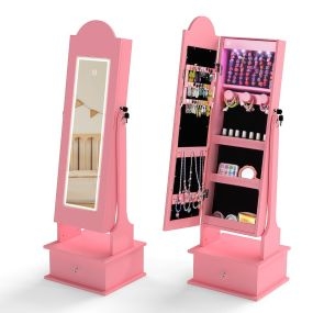 Armario para Joyas Infantil con Espejo de Cuerpo Completo y 2 Ángulos Ajustables 4 Luces Interiores Joyero para Princesas Rosa