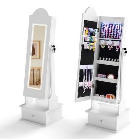 Armario para Joyas Infantil con Espejo de Cuerpo Completo y 2 Ángulos Ajustables 4 Luces Interiores Joyero para Princesas Blanco