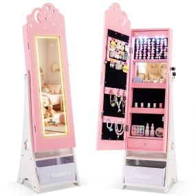 Armario para Joyas Infantil con Espejo de Cuerpo Entero y 4 Luces con Sensor Joyero Estilo Princesa para Dormitorio y Juegos Rosa