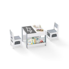 Set de mesa y silla para niños 4 en 1 con tableros de doble cara y estantes laterales, gris