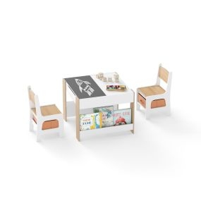 Set de mesa y silla para niños 4 en 1 con tableros de doble cara y estantes laterales natural