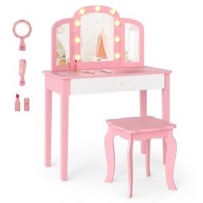 Juego de Tocador Infantil Princesa 2 en 1 con Espejo Desmontable Luces Ajustables Taburete y Cajón de Imitación Madera para 3+ Años Rosa