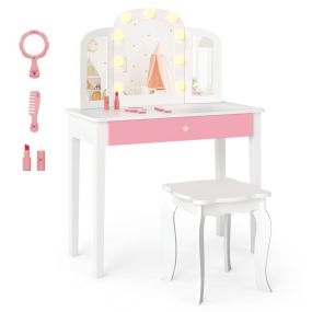 Juego de Tocador Infantil Princesa 2 en 1 con Espejo Desmontable Luces Ajustables Taburete y Cajón de Imitación Madera para 3+ Años Blanco