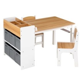 Conjunto mesa y dos sillas infantil con estantería lateral y cubos de tela, madera maciza, blanco natural, 102 x 58 x 64 cm