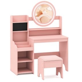 Tocador de Maquillaje Infantil con Espejo y Luces para Princesa con Estantes y Ranuras para Anillos y Taburete Rosa