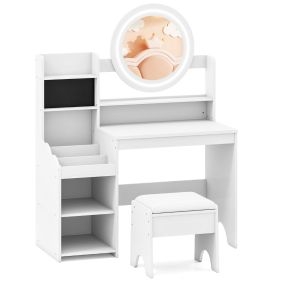 Tocador de Maquillaje Infantil con Espejo y Luces para Princesa con Estantes y Ranuras para Anillos y Taburete Blanco